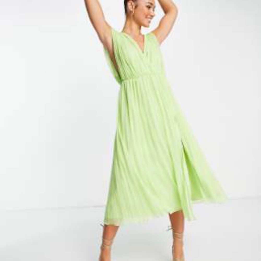 ASOS DESIGN pleated wrap front midi dress in light green